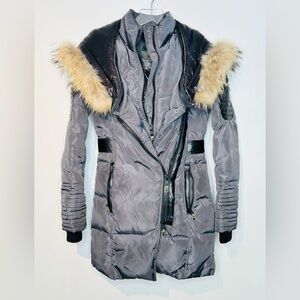 Nicole Benisti Grey Feather Trim Hooded Down Filled Jacket Coat